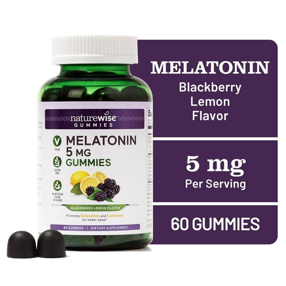 NatureWise Melatonin Gummies - Sleep Aid with Melatonin 5mg + Ashwagandha + Valerian Root, Lemon Balm for Relaxing - BlackBerry-Lemon Flavor - Vegan, Gluten Free, Non-GMO - 60 Gummies[1-Month Supply]