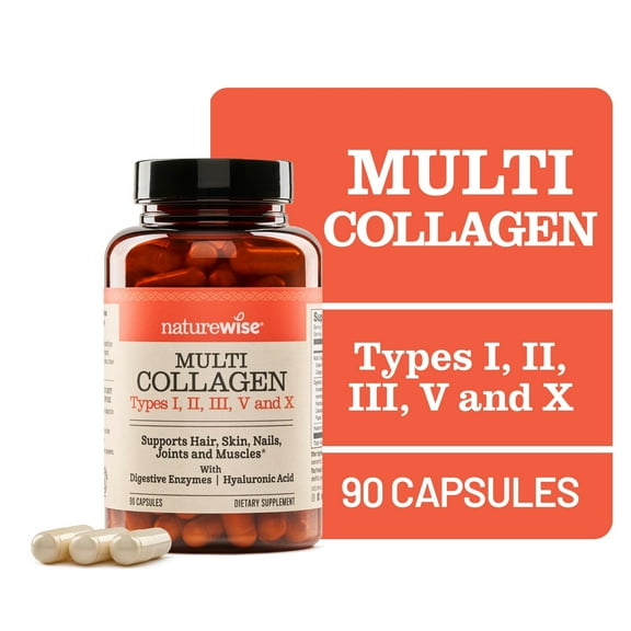 NatureWise Multi Collagen Peptides Pills + Hyaluronic Acid - 90 Capsules[30 Day Supply]