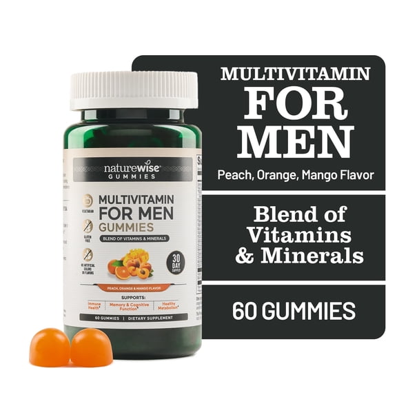 NatureWise Multivitamin for Men, Gummies Peach Mango Flavor, Adult Gummy for Immune Health with Minerals & Vitamin A, C, D, E, B6 and B12, Vegetarian, Soy-Free, Non-GMO, - 60 Count[1-Month Supply]