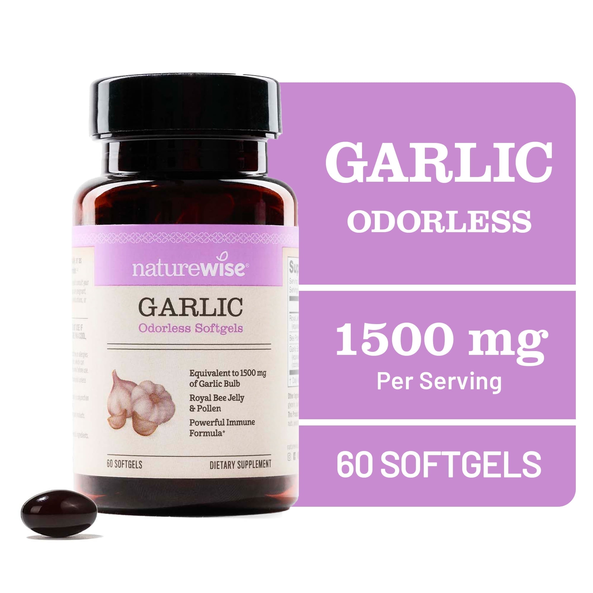 NatureWise Odorless Garlic Pills 1500 mg + Royal Bee Jelly - 60 Softgels [60-Day Supply]