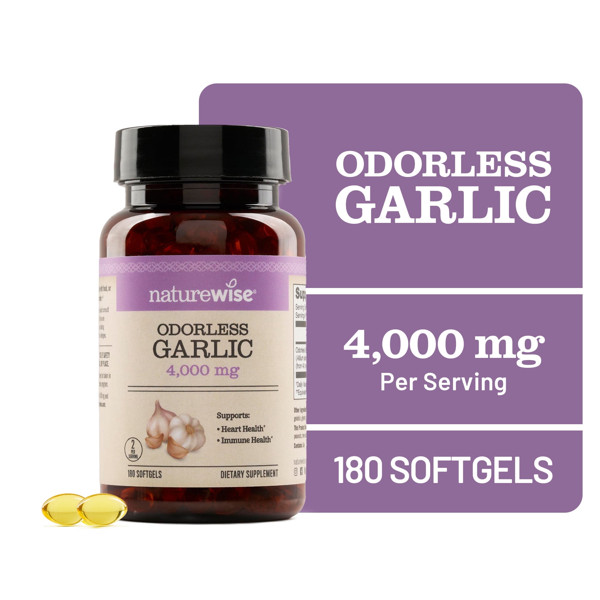 NatureWise Odorless Garlic Supplement 4000mg - Non-GMO - 180 Softgels[90-Day Supply]