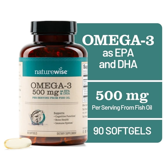 NatureWise Omega 3 Fish Oil - 500 mg - Wild-Caught, Non-GMO - 90 Softgels[3-Month Supply]