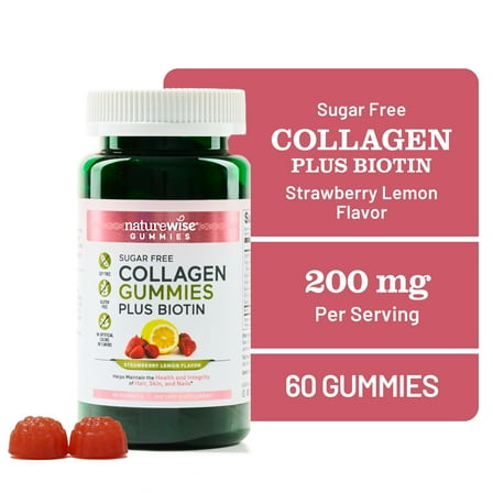 NatureWise Sugar-Free Hydrolyzed Collagen Peptide Gummies - Type I & III Collagen Peptides for Women + Biotin, Vitamin C E & Zinc for Hair Skin and Nails & Joint Support - 60 Gummies[1-Month Supply]