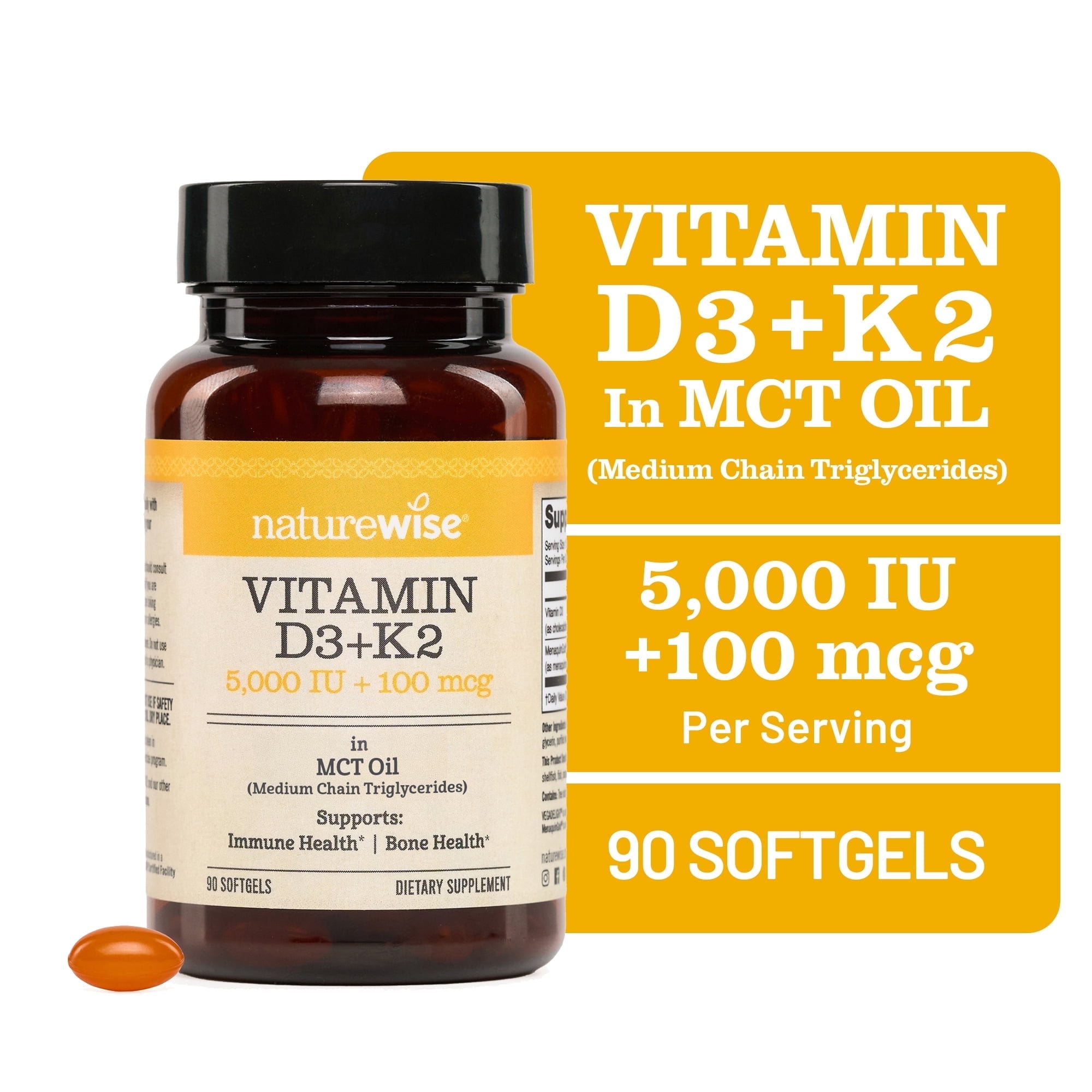 NatureWise Vegan Vitamin D3 5000IU + K2 - Organic Coconut MCT Oil - 90 Softgels[90-Day Supply]
