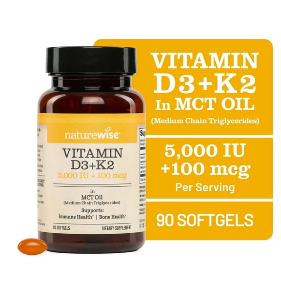 NatureWise Vegan Vitamin D3 5000IU + K2 - Organic Coconut MCT Oil - 90 Softgels[90-Day Supply]