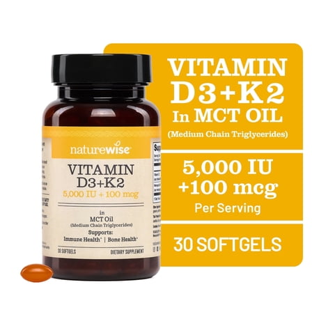 NatureWise Vegan Vitamin D3 5000IU + K2 - Organic Coconut MCT Oil - 30 Softgels[30-Day Supply]