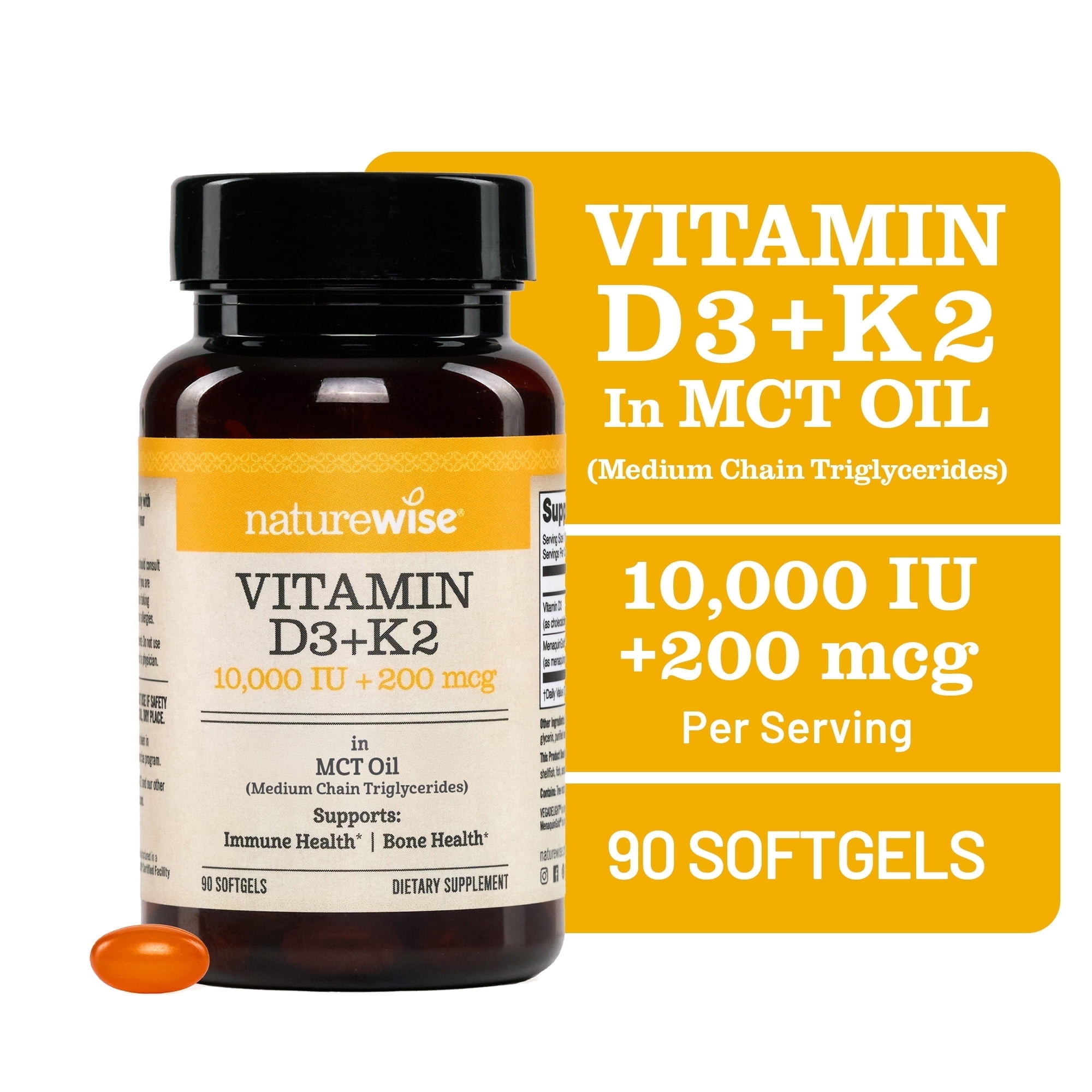 NatureWise Vegan Vitamin D3 10000IU + K2 - Organic Coconut MCT Oil - 90 Softgel[90-Day Supply]