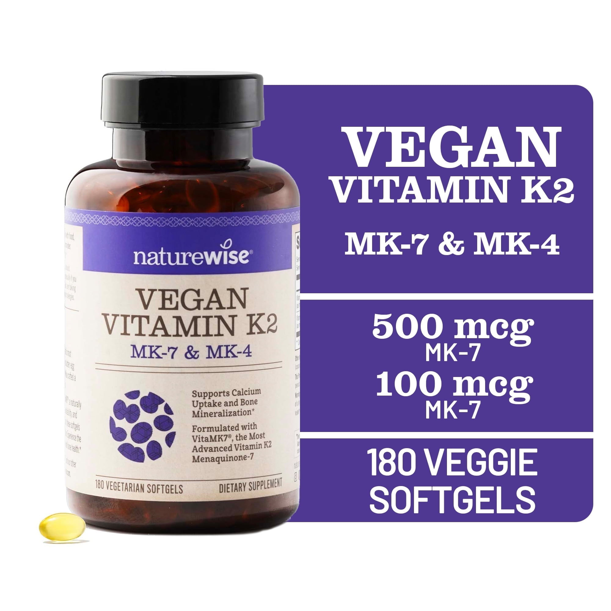 NatureWise Vitamin K2 - MK-7 100mcg + MK-4 500mcg - Non-GMO - 180 Softgels[6-Month Supply]