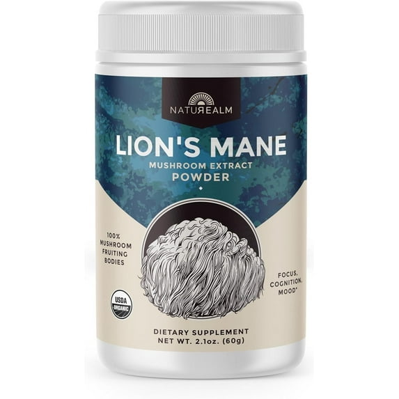 Naturealm Organic Lion's Mane Mushroom Powder, Filler-Free, 2.1 Oz