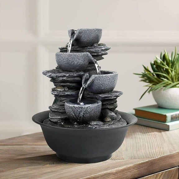 Naturefalls Indoor Tabletop Water Fountain 10.6inch, 4-Tier Poly-Resin Rock Waterfall with LED Illuminated for Home & Office Decoration