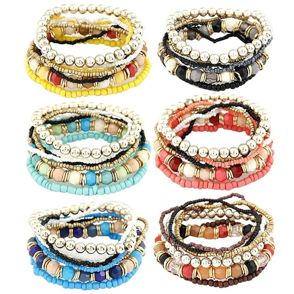 Naturegr 7Pcs/Set Women Boho Bohemian Mix Style Multilayer Elastic Beaded Bracelets for Banquet Party