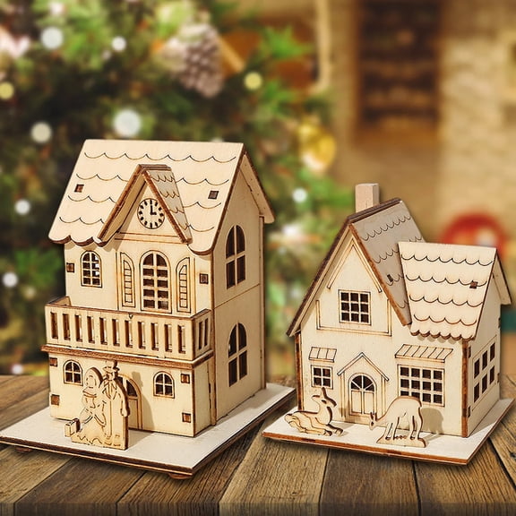 Naturegr Christmas Decoration Cute Deer Christmas Tree Church Log Cabin Craft Desktop Ornament Miniature LED Glowing Wooden Christ