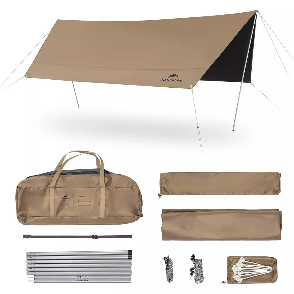 Naturehike Camping Tent Tarp with Poles, Waterproof PU 18000mm+, Anti-UV UPF2000+ Camping Sun Shelter Rain Fly, Camping Tent Canopy, 16.4x12.5ft