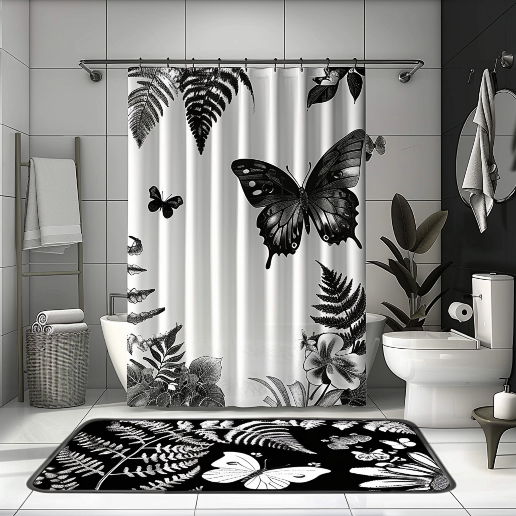 Natureinspired Black and White Butterfly Shower Curtain Set with