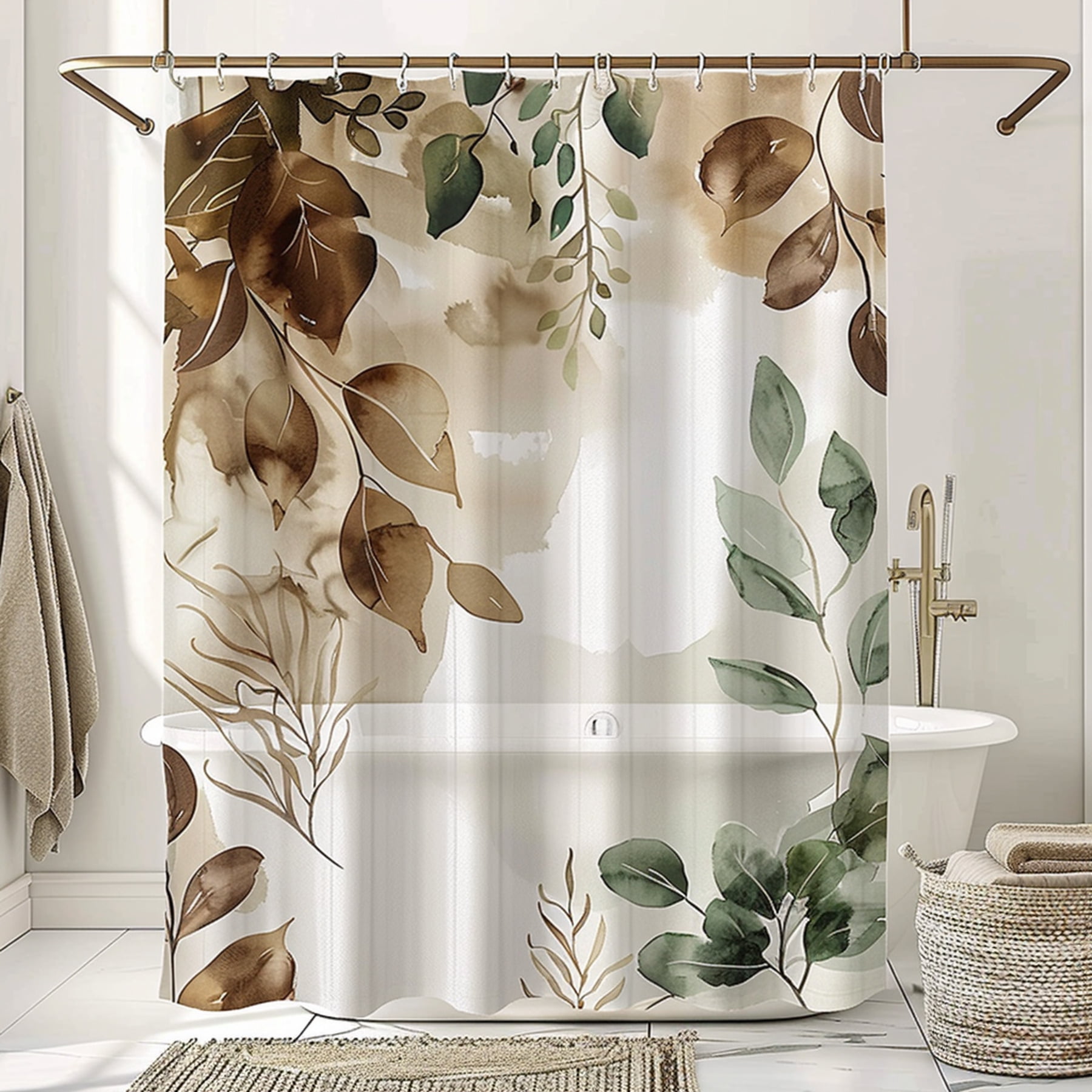 Natureinspired beige shower curtain with leaf design print on a white ...