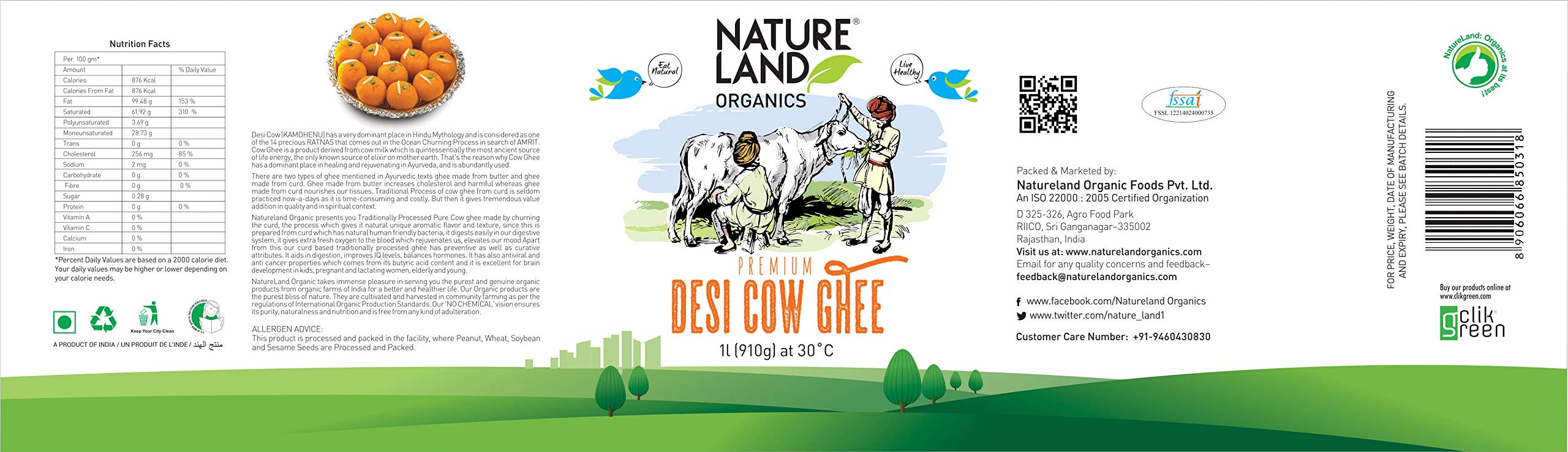 Natureland Organics Premium Cow Ghee 1Ltr (Pack of 2) 100 Organic