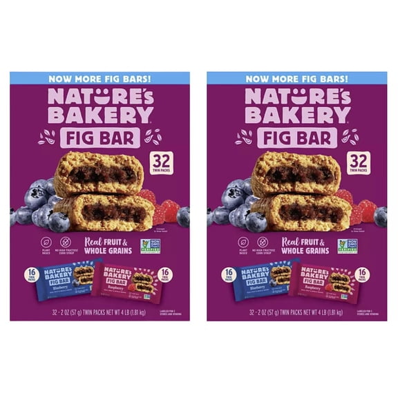 Natures Bakery Whole Wheat Fig Bars - 2 Twin Pack Boxes, 64 Bars (32 Blueberry, 32 Raspberry Each) - Healthy Snacks - Vegan, Non-GMO 64 Count (Pack of 2)