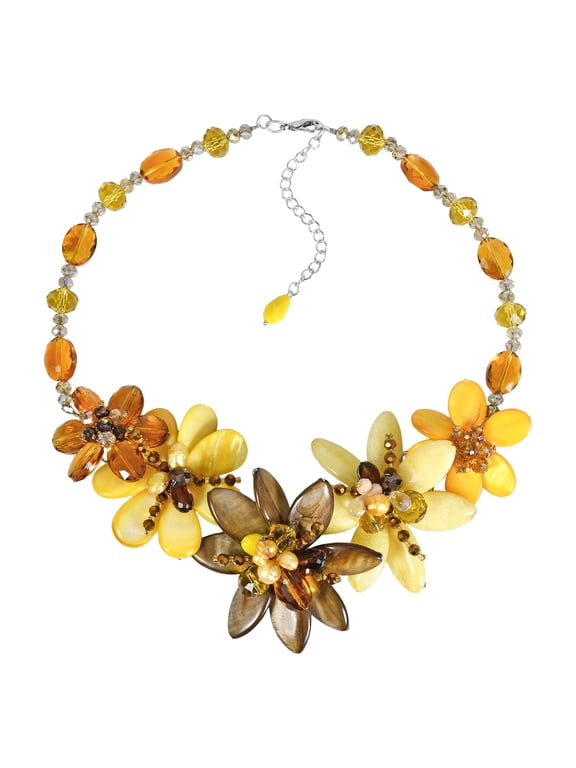 Natures Beauty Brown and Yellow Agate Stone and Seashell Floral Necklace
