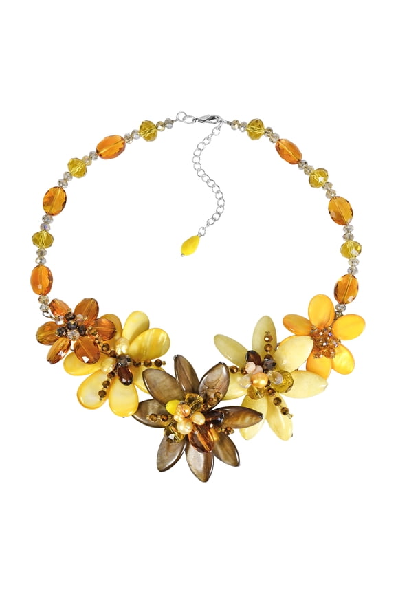 Natures Beauty Brown and Yellow Agate Stone and Seashell Floral Necklace