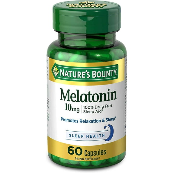 Melatonin by Nature's Bounty, 100% Drug Free Sleep Aid, Dietary Supplement, Promotes Relaxation and Sleep Health, 10mg, 60 Capsules