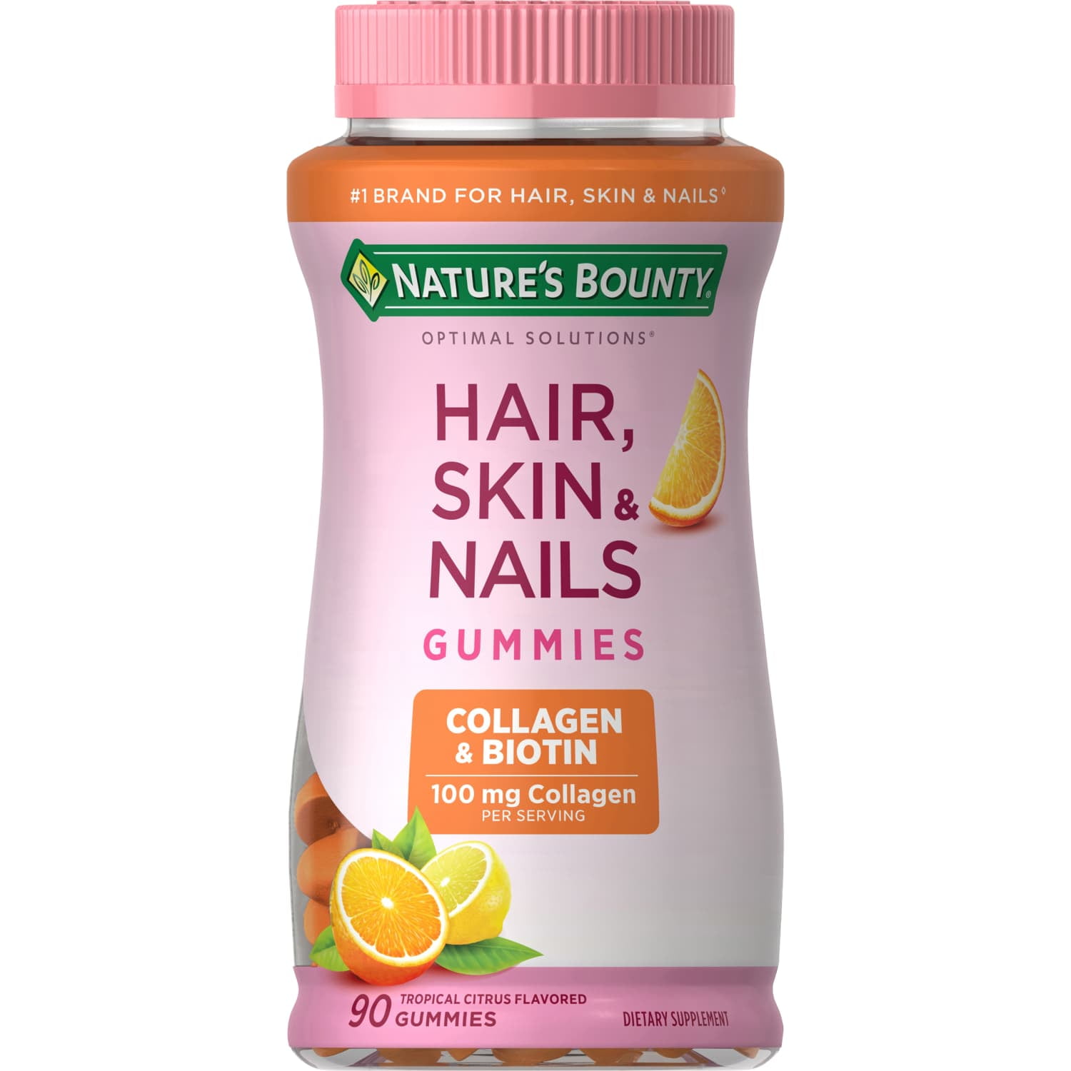 Nature's Bounty-Optimal Solutions Nature's Bounty Hair Skin and Nails Vitamin with Collagen and Biotin, Women's Multivitamin, Tropical Citrus Gummies, 90 Ct