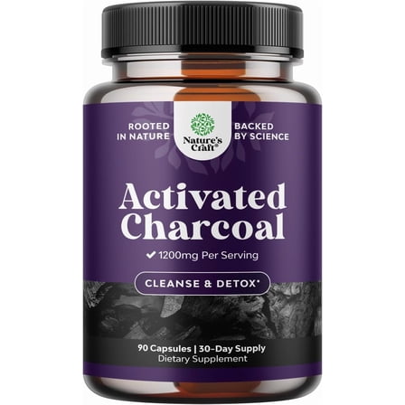 Natures Craft Activated Charcoal Pills Detox & Cleanse - Purifying Coconut Capsules with 1200 mg Per Serving for Bloating Relief - Active Detox Supplement for Body & Gut Health - 90 Count