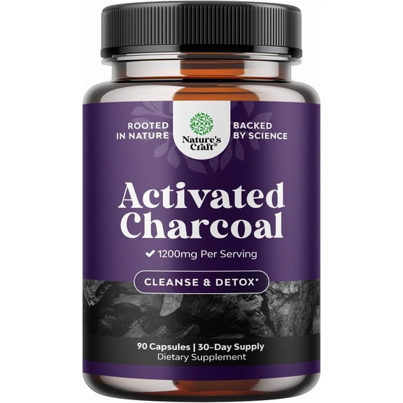 Natures Craft Activated Charcoal Pills Detox & Cleanse - Purifying Coconut Capsules with 1200 mg Per Serving for Bloating Relief - Active Detox Supplement for Body & Gut Health - 90 Count