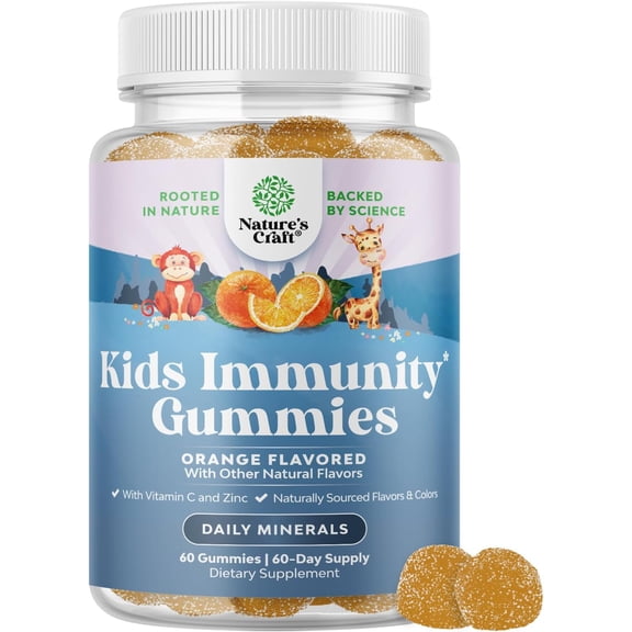 Natures Craft Kids Immune Support Gummies with Vitamin C with Zinc, Orange Flavor, 60 Count