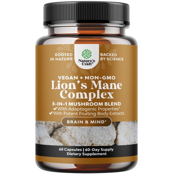 Natures Craft Lion’s Mane Complex Nootropic Brain Support Supplement with Shiitake and Reishi, 60 Ct