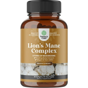 Natures Craft Nootropics Brain Support, Lion's Mane Mushroom Complex with Chaga Maitake Shiitake Reishi, 60 Capsules