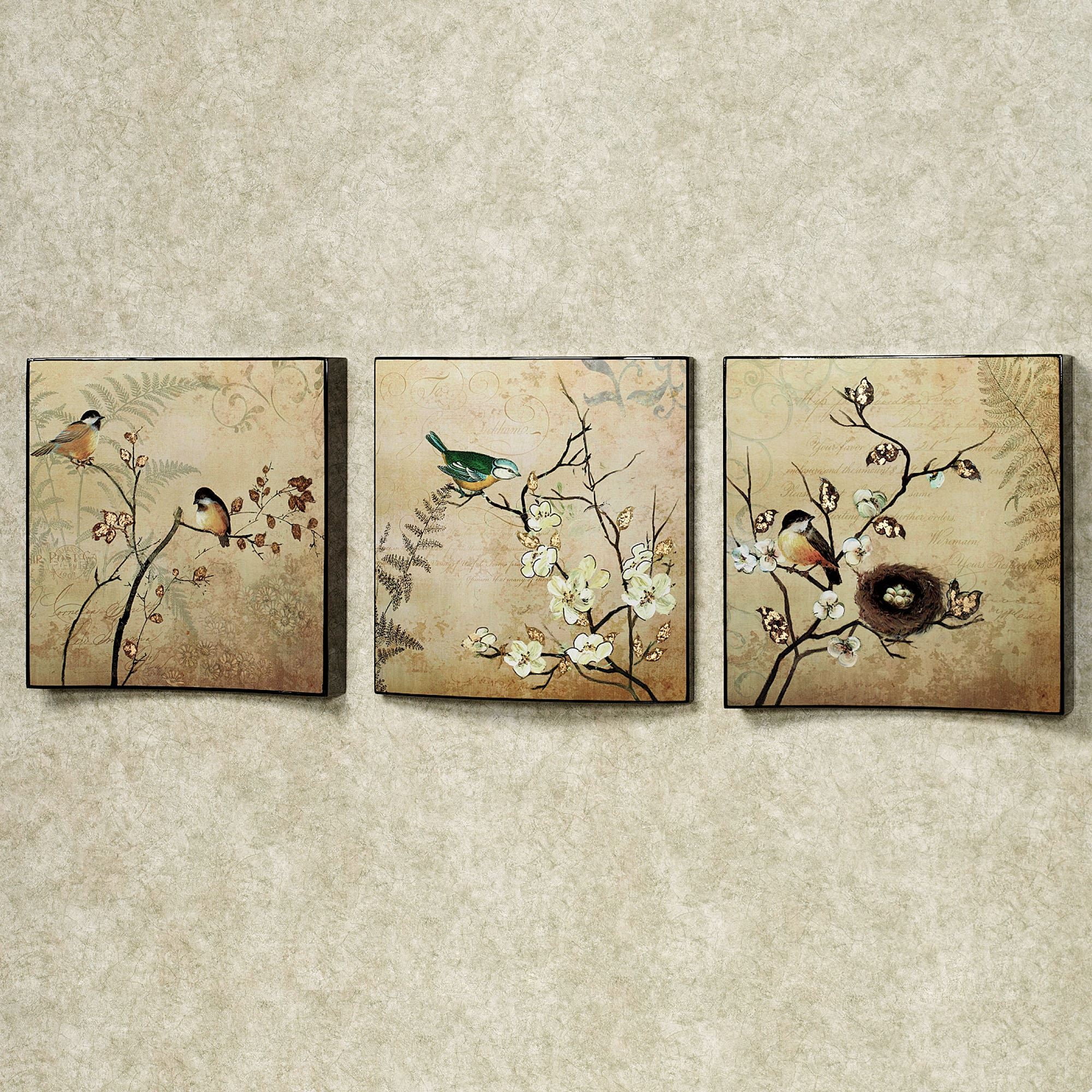 Nature's Kiss Beige Bird Wall Art Set of Three with Lacquered Finish