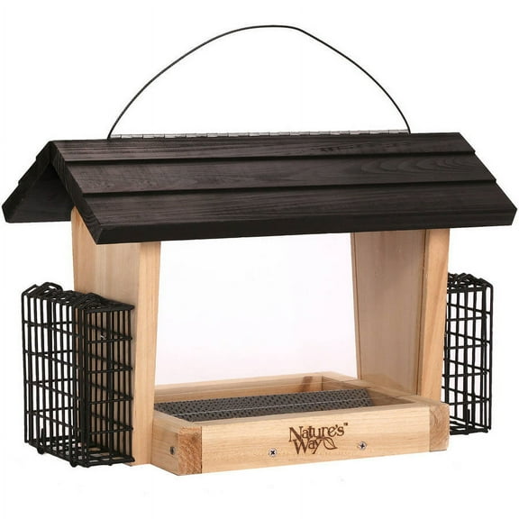 Nature's Way Cedar Hopper Bird Feeder With Suet Cages - 6 Qt - Extra Large, Brown
