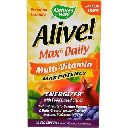 Nature's Way Alive! Max6 Potency Adult Complete Multivitamin, Vitamins A,C, E & B-Vitamins Including Methyl B12 & Folate, Supports Energy Metabolism*, No Added Iron, 90 Capsules (Packaging May Vary)