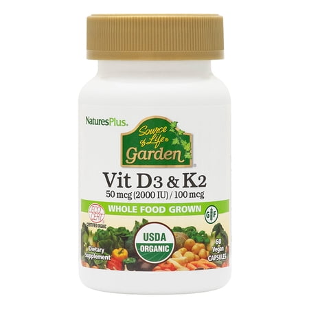 NaturesPlus Source of Life Garden Vitamin D3 & K2 - 60 Vegan Capsules , Vegan, Gluten Free - 60 Servings