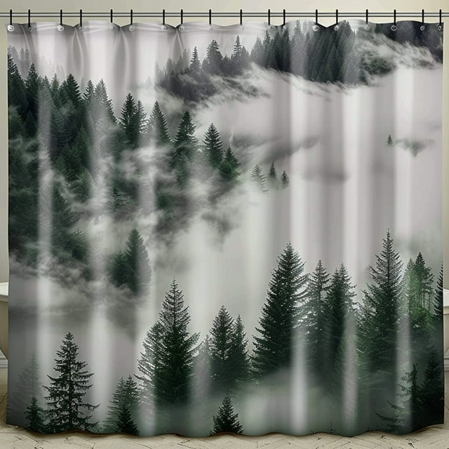 Naturethemed Foggy Forest Shower Curtain with Pine Trees Grey and Green Color Scheme