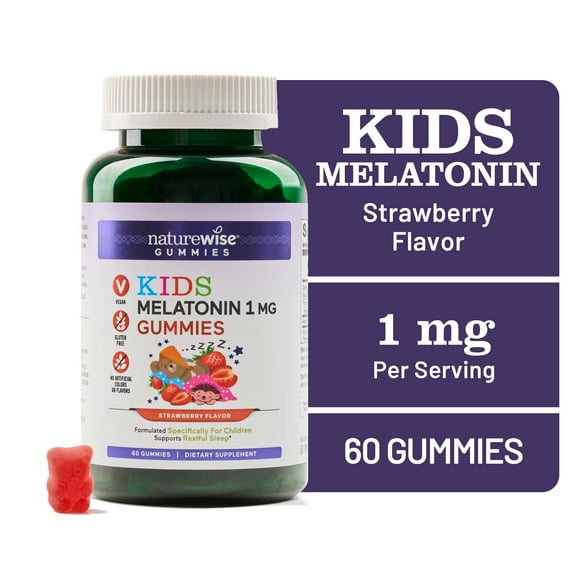 Naturewise Kids Melatonin Gummy 1 mg - Occasional Sleep Support Supplement - Drug-Free Sleep Aid for Kids Ages 4 & Up - Strawberry Flavored - Vegan, Gluten Free, Non-GMO - 60 Count[2-Month Supply]