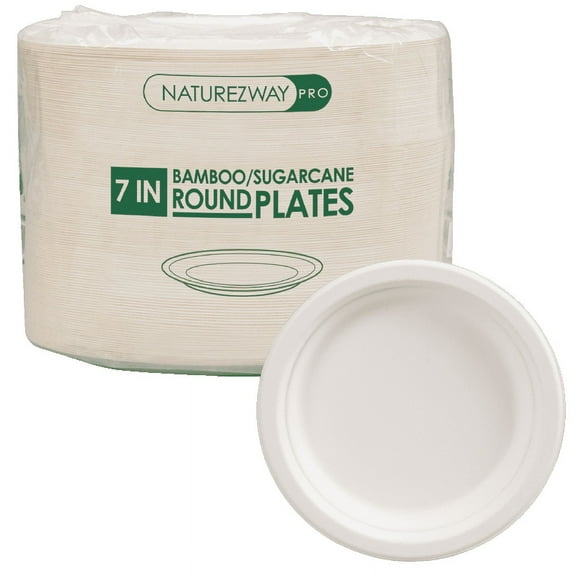 Compostable 7" Bamboo & Sugarcane Round Plates (125 Pack) - Leak-Proof, Heavy-Duty, Microwave Safe, & Eco-Friendly