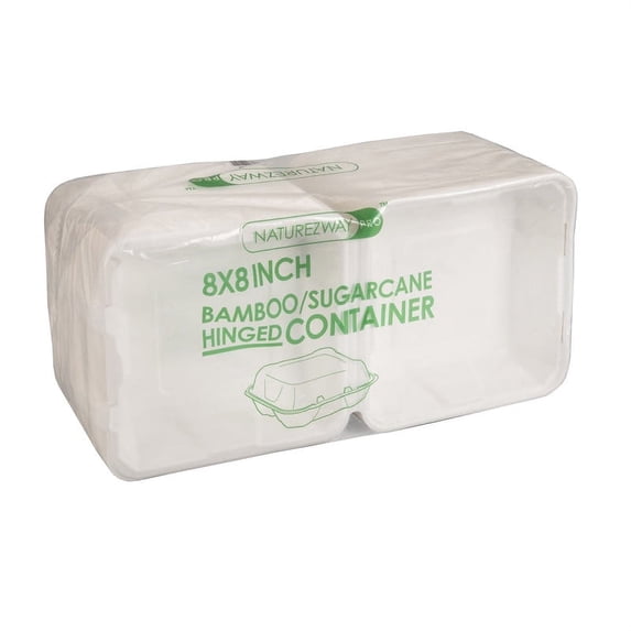 NATUREZWAY Hinged-Lid Food Containers, 8 x 8 x 3.2 in, Bamboo & Sugarcane, 200 Count