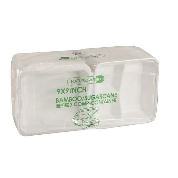 Bamboo 9"x 9"x 3.2" | 3-Compartment Hinged-Lid Containers (200 Pack) | for Food & Beverage Lids