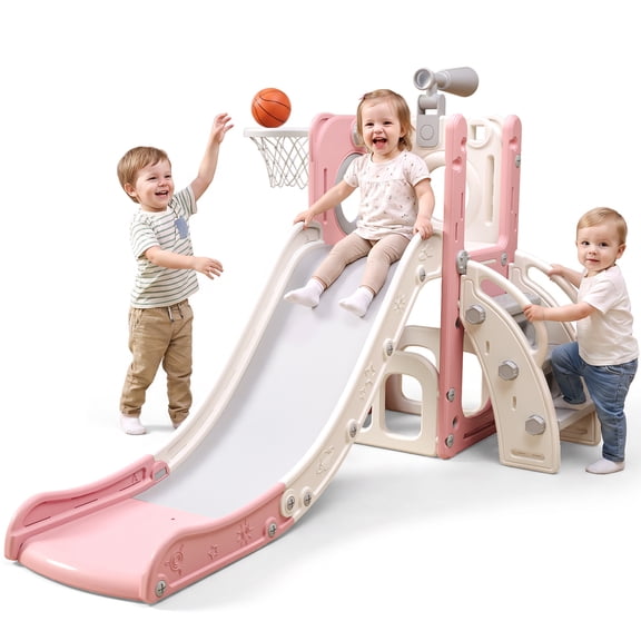 Naturia 6 in 1 Toddler Playset with Slide,Toddler Slide,Slide for Kids with Basketball Hoop,Ball,Ring Toss,Kids Slide Toddler Playground Toddler Slide Indoor Outdoor Toys