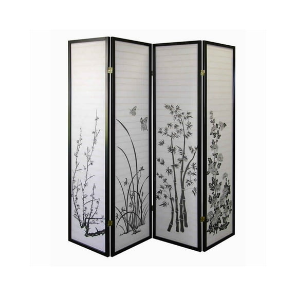 Naturistic Print Wood and Paper 4 Panel Room Divider, White and Black - Saltoro Sherpi