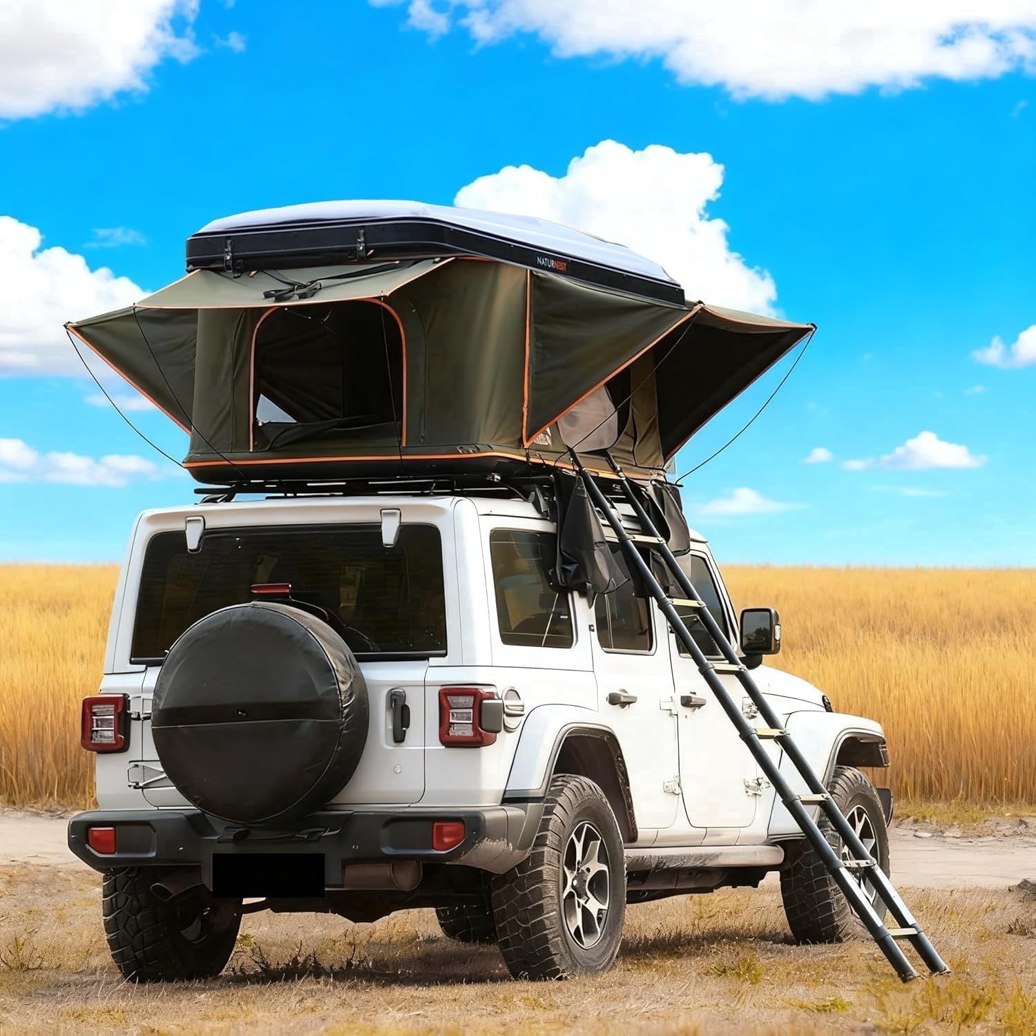 Naturnest Green Hard-Shell Rooftop Tent, 2-3 Person Pop-Up Camping Tent with Ladder & 4 Windows Family Adventures
