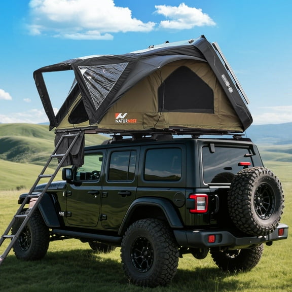 Naturnest Roof Top Tent Hardshell, Sirius Plus Aluminium ABS Roof Top Tent w/Tri-Color Led Strip Light & 1.97 Thick Mattress for Car Suv Truck Camping
