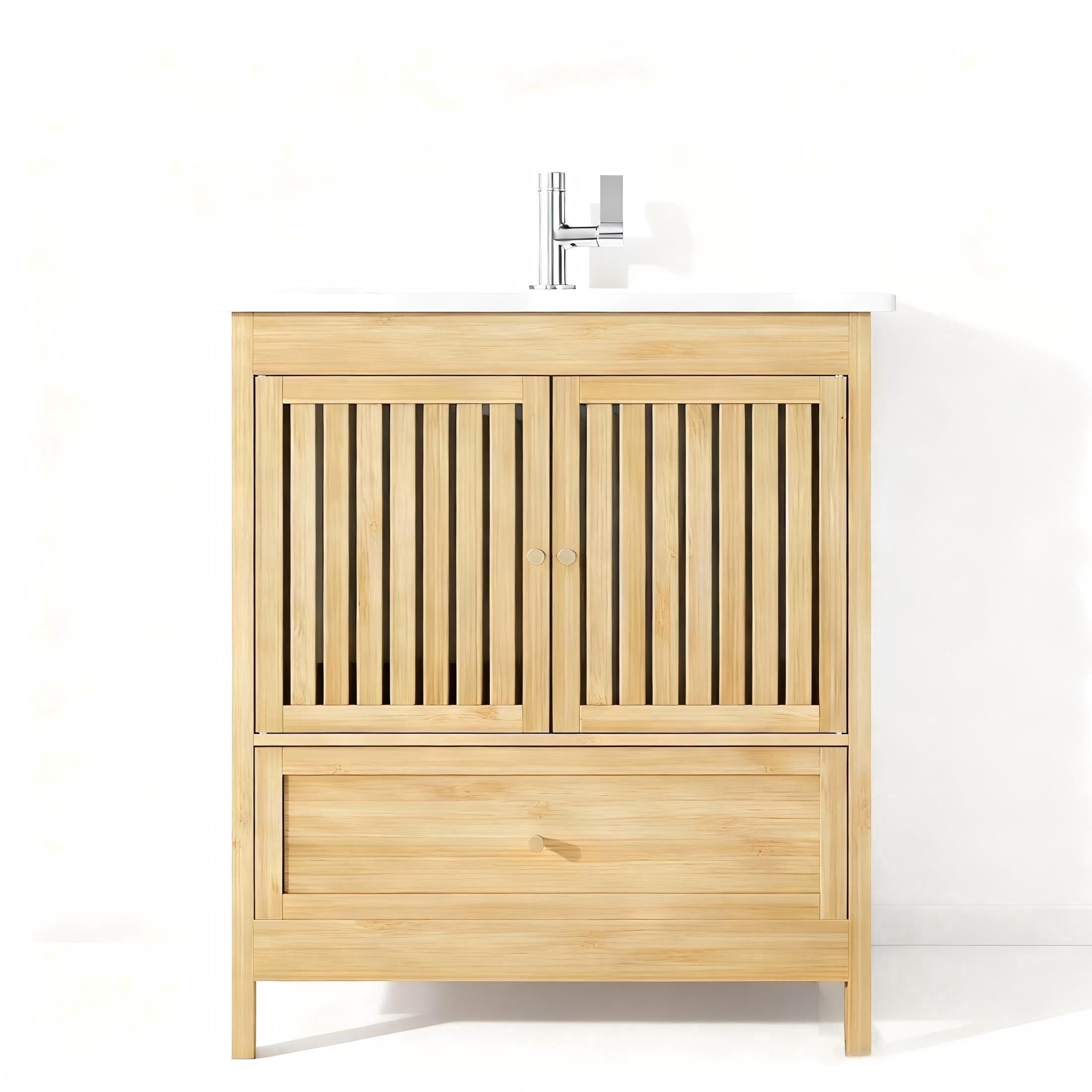 Naturoasis 30" Bathroom Vanity with Sink, Solid Wooden Free Standing Bathroom Cabinet, Farmhouse Bamboo Storage Cabinet with Large Drawer, Soft-Closing Louvered Doors with Built-in Shelves