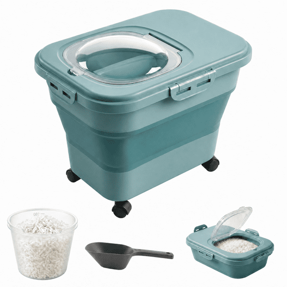 Naturoasis Collapsible Rice Storage Container with Wheels, Airtight Food Storage Bin for Rice, Flour, Grains and Pet Food, BPA-Free, Green