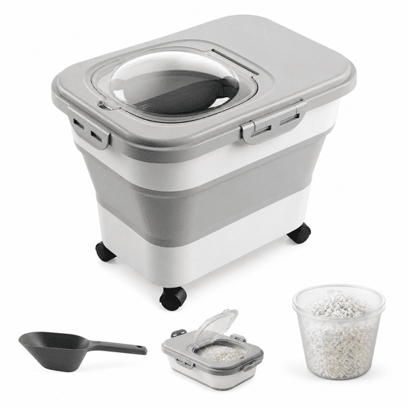 Naturoasis Collapsible Rice Storage Container with Wheels, Airtight Food Storage Bin for Rice, Flour and Pet Food, BPA-Free, Grey