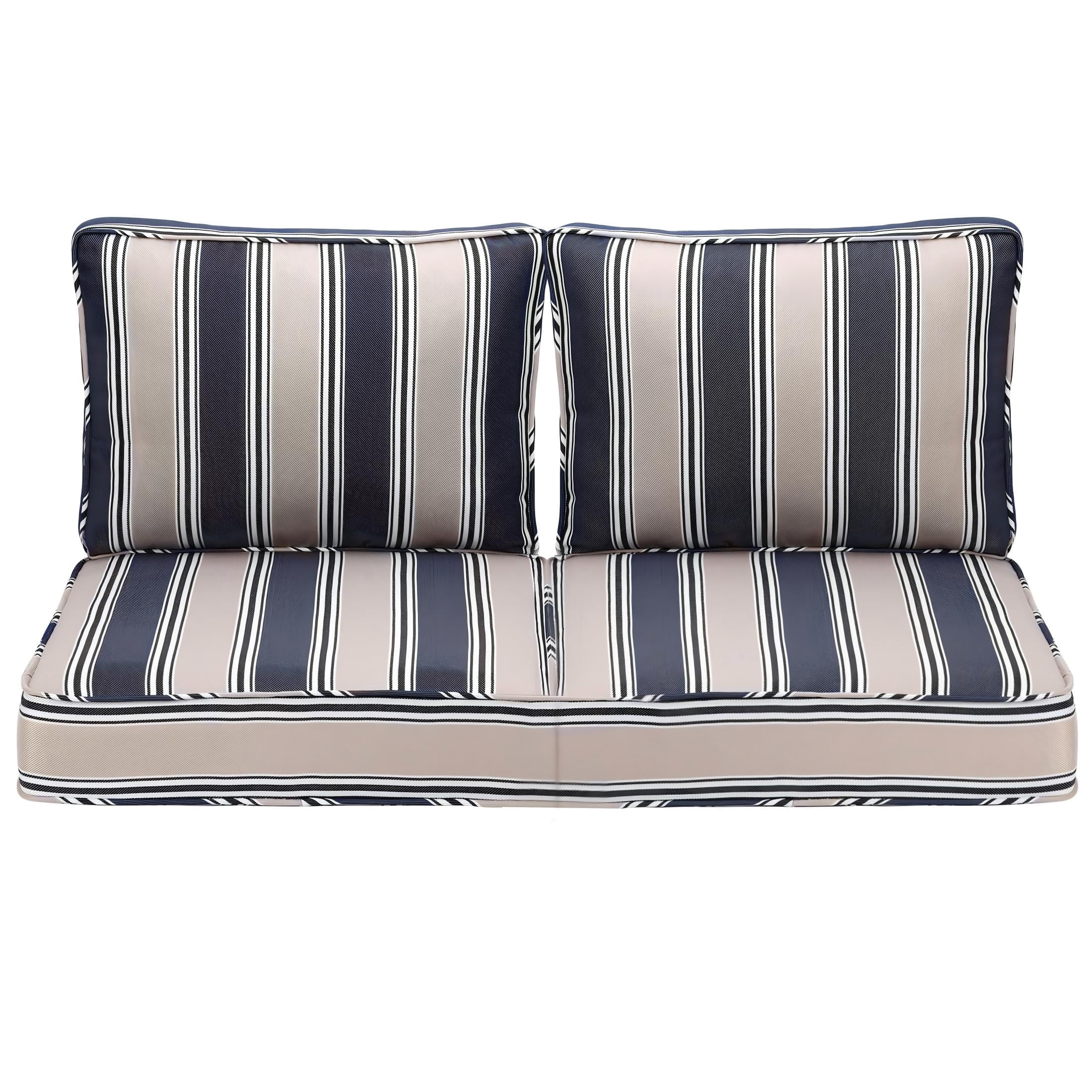 Naturoasis Outdoor Sofa Cushion Set of 4 for 2-Seater Patio Furniture, 24 x 24Inch Waterproof Fade Resistant Deep Seat and Back Cushions with Removable Covers,Sofa, Blue Stripes