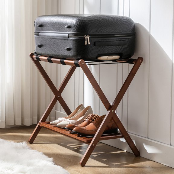 Natuvite Luggage Racks Foldable Suitcase Stand with Storage Shelf 150 lb Capacity chestnut brown