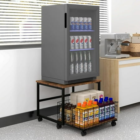Natwind 19.7x19.7in Mobile Mini Fridge Stand with Large Capacity Storage Beverage Refrigerator Table with Wheels Rolling Compact Fridge Cart Heavy Duty Appliance Platform with Basket for Home Office