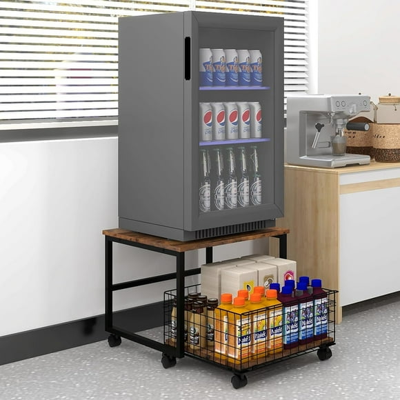 Natwind 19.7x19.7in Mobile Mini Fridge Stand with Large Capacity Storage Beverage Refrigerator Table with Wheels Rolling Compact Fridge Cart Heavy Duty Appliance Platform with Basket for Home Office
